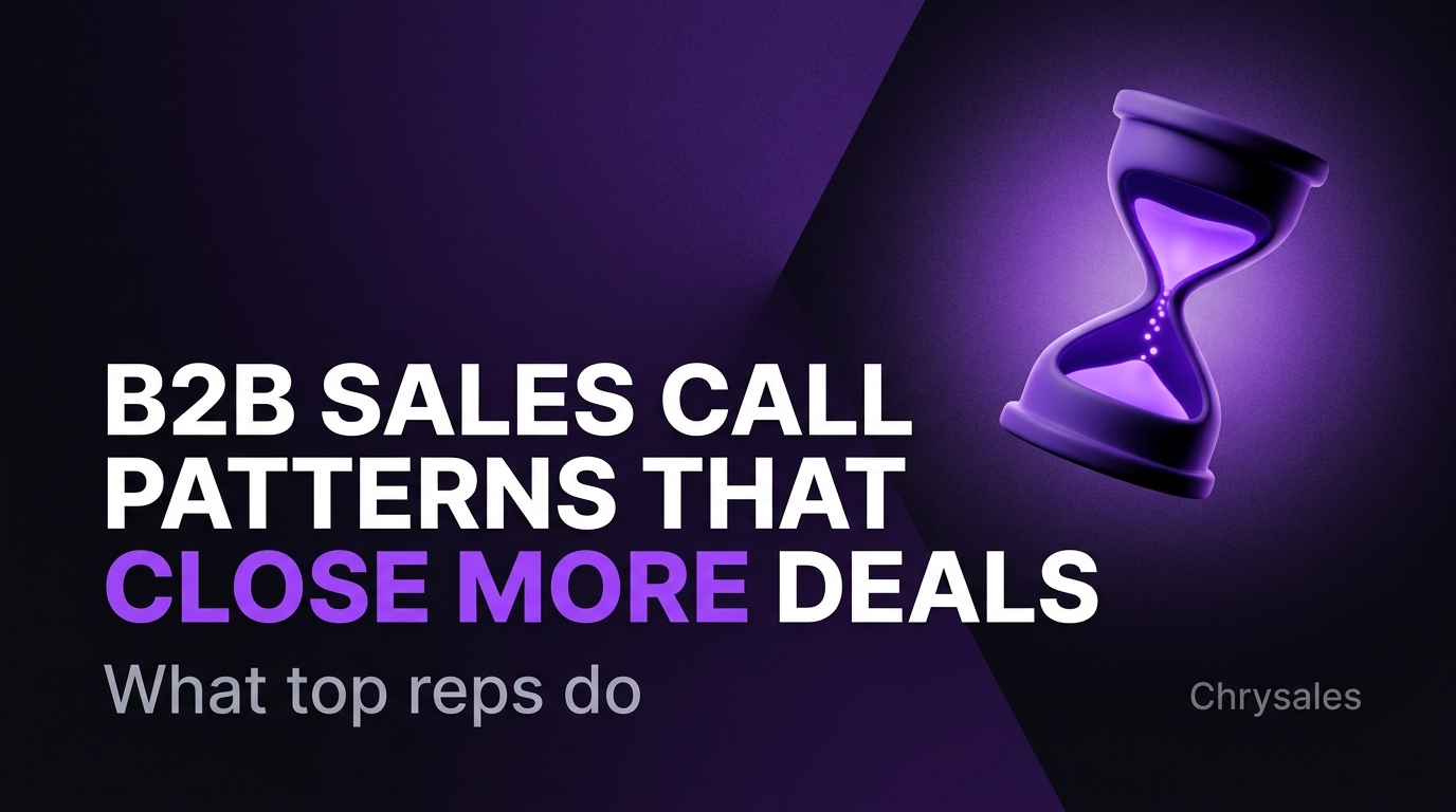 Bold B2B sales call patterns visual with glowing purple hourglass and white title text
