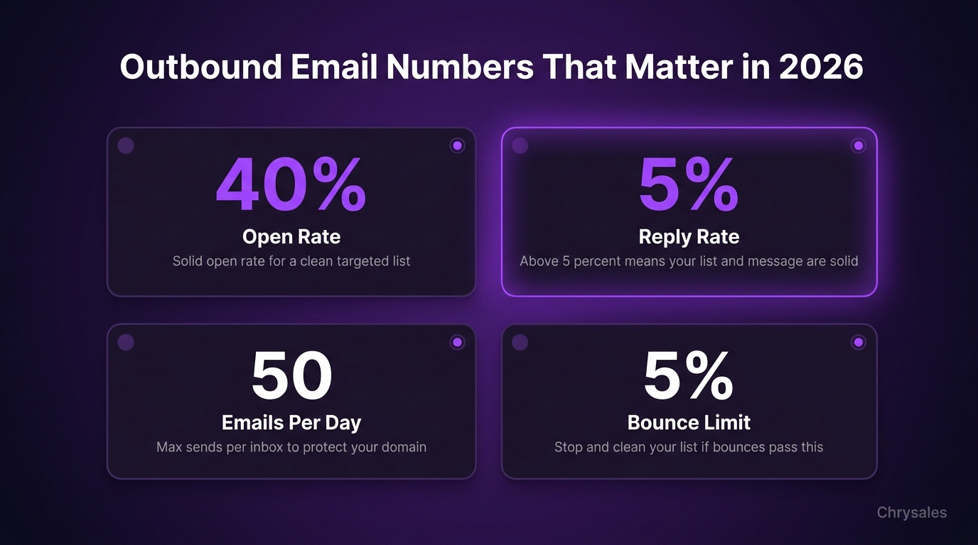 Four key outbound email metrics displayed in a bold 2x2 stat grid