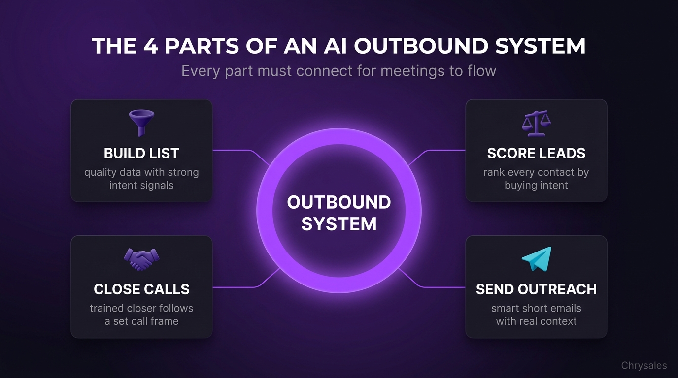 Hub and spoke infographic showing four parts of an AI outbound sales system