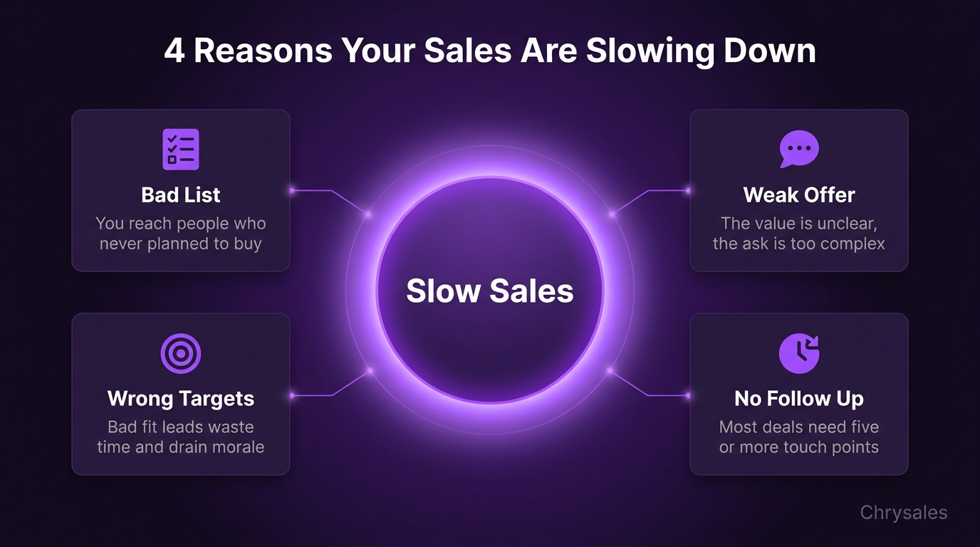 Hub and spoke diagram showing four root causes of slow B2B sales