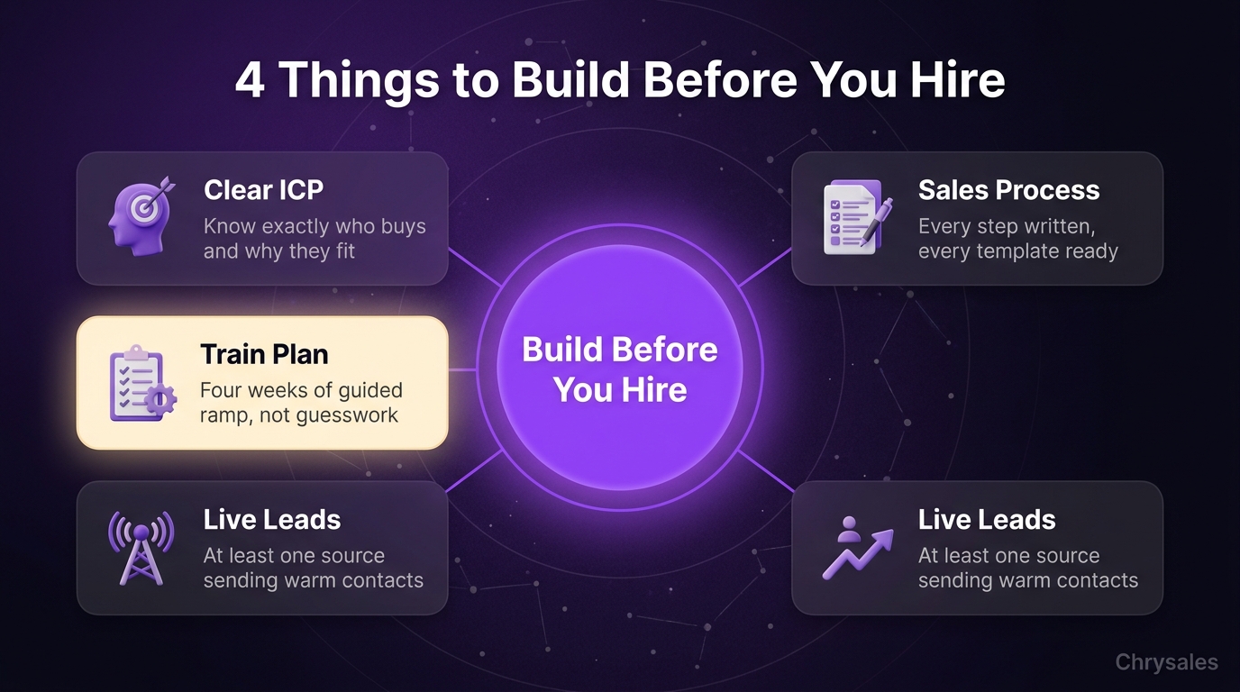 Hub and spoke diagram showing four things to build before hiring a sales rep