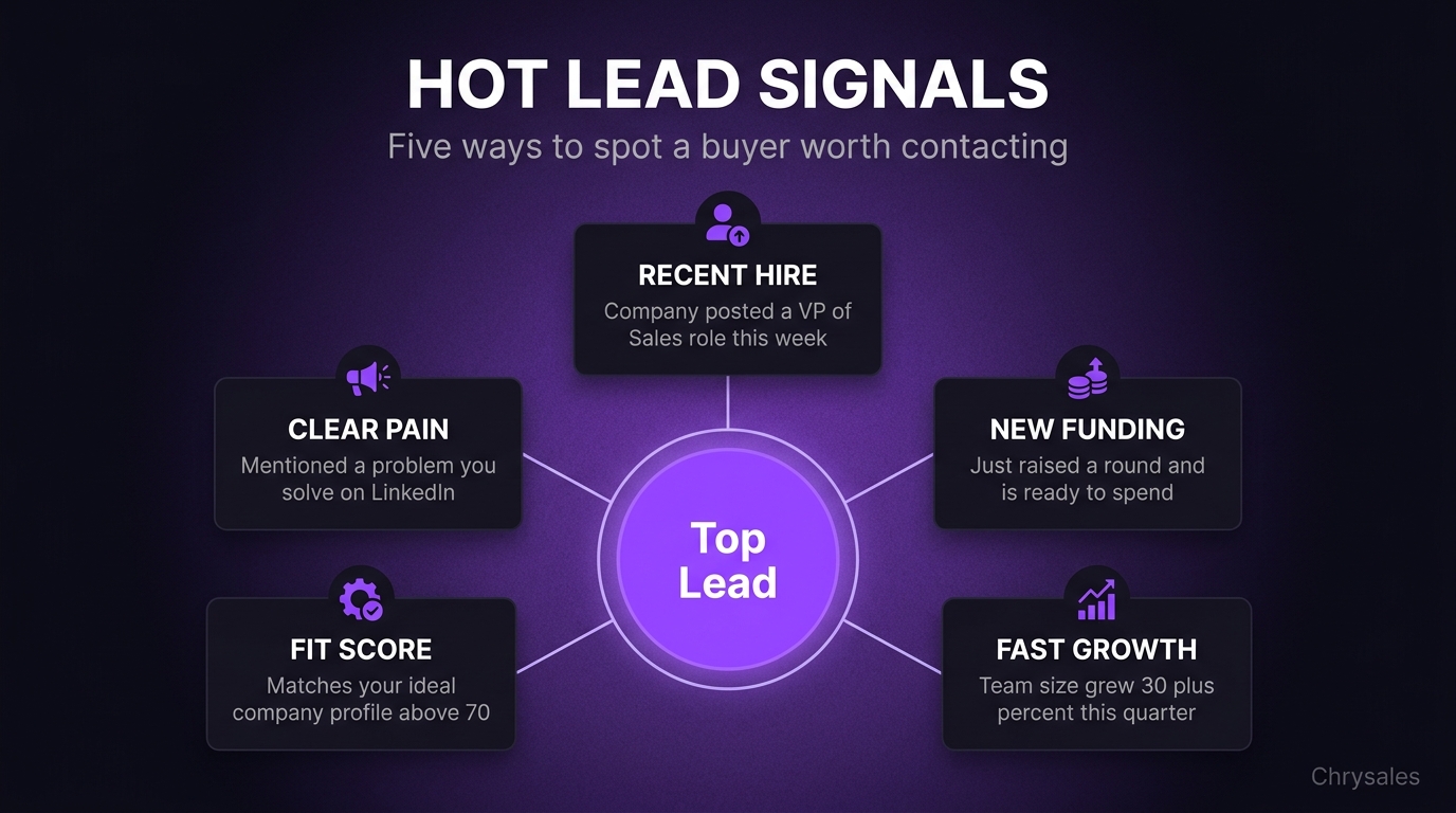 Hub and spoke infographic showing five key signals of a hot outbound lead