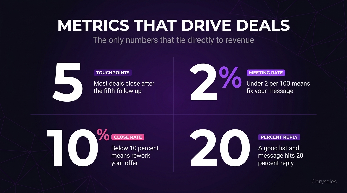 Four key outbound sales metrics displayed as large bold numbers in a grid
