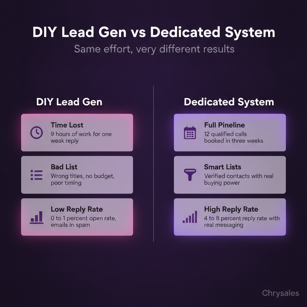 Infographic comparing DIY lead generation time cost versus a dedicated sales system