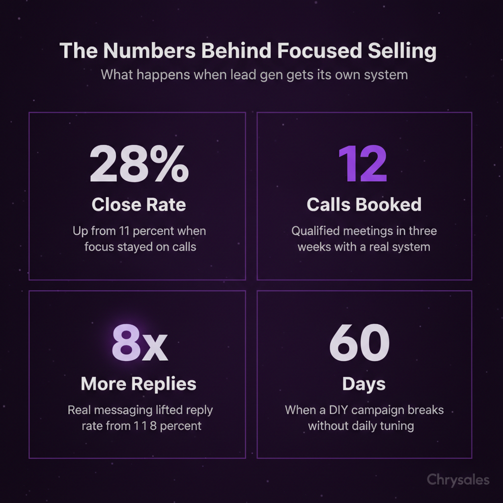 Stat grid infographic showing four key B2B sales numbers from separating lead gen and closing