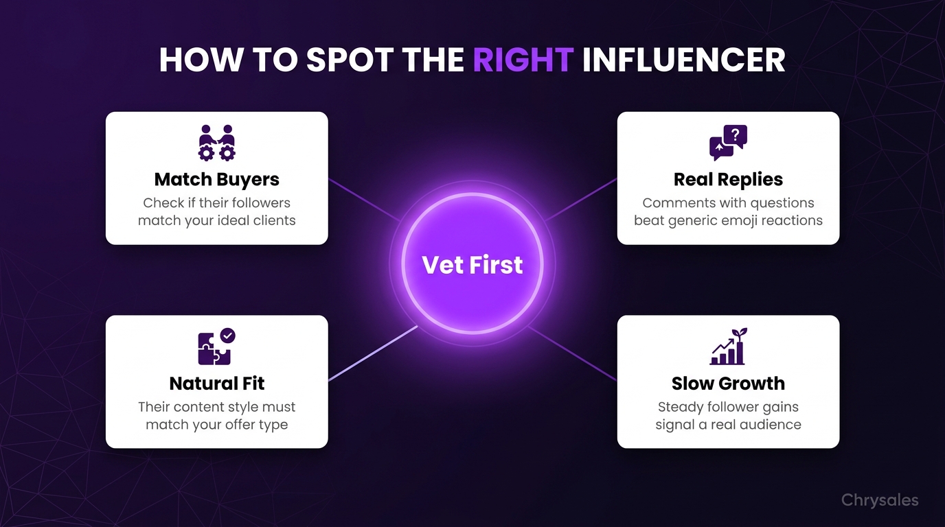 Hub and spoke infographic showing four key signals to vet B2B influencer partnerships