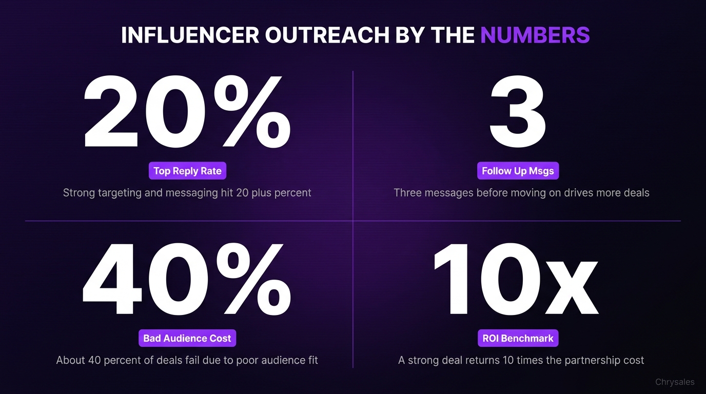 Stat grid infographic showing four key B2B influencer outreach benchmark numbers for 2026