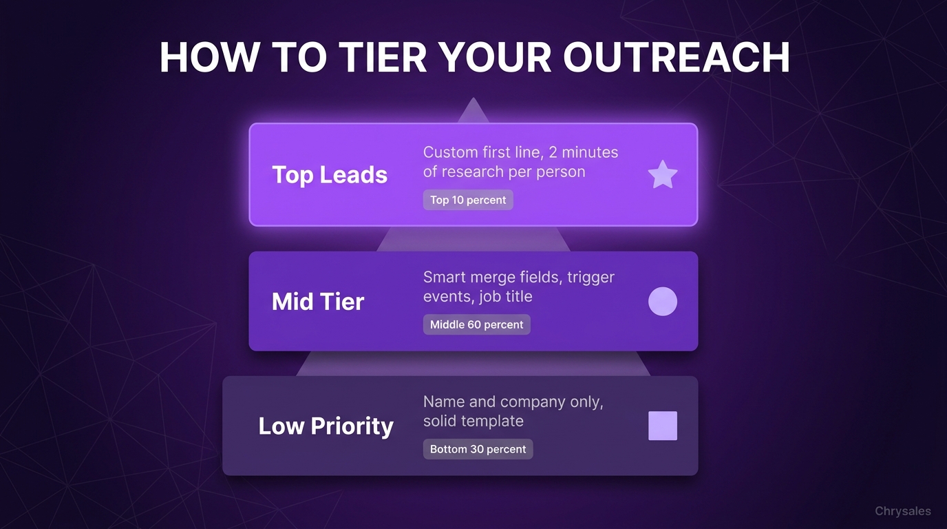 Tiered cold email personalization pyramid showing top mid and low priority lead effort