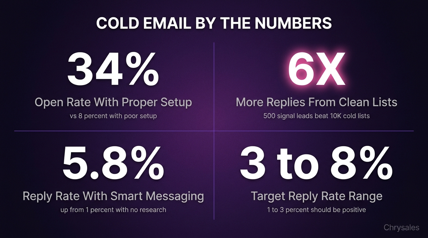 Cold email key stats grid showing open rate, reply rate, and list quality numbers
