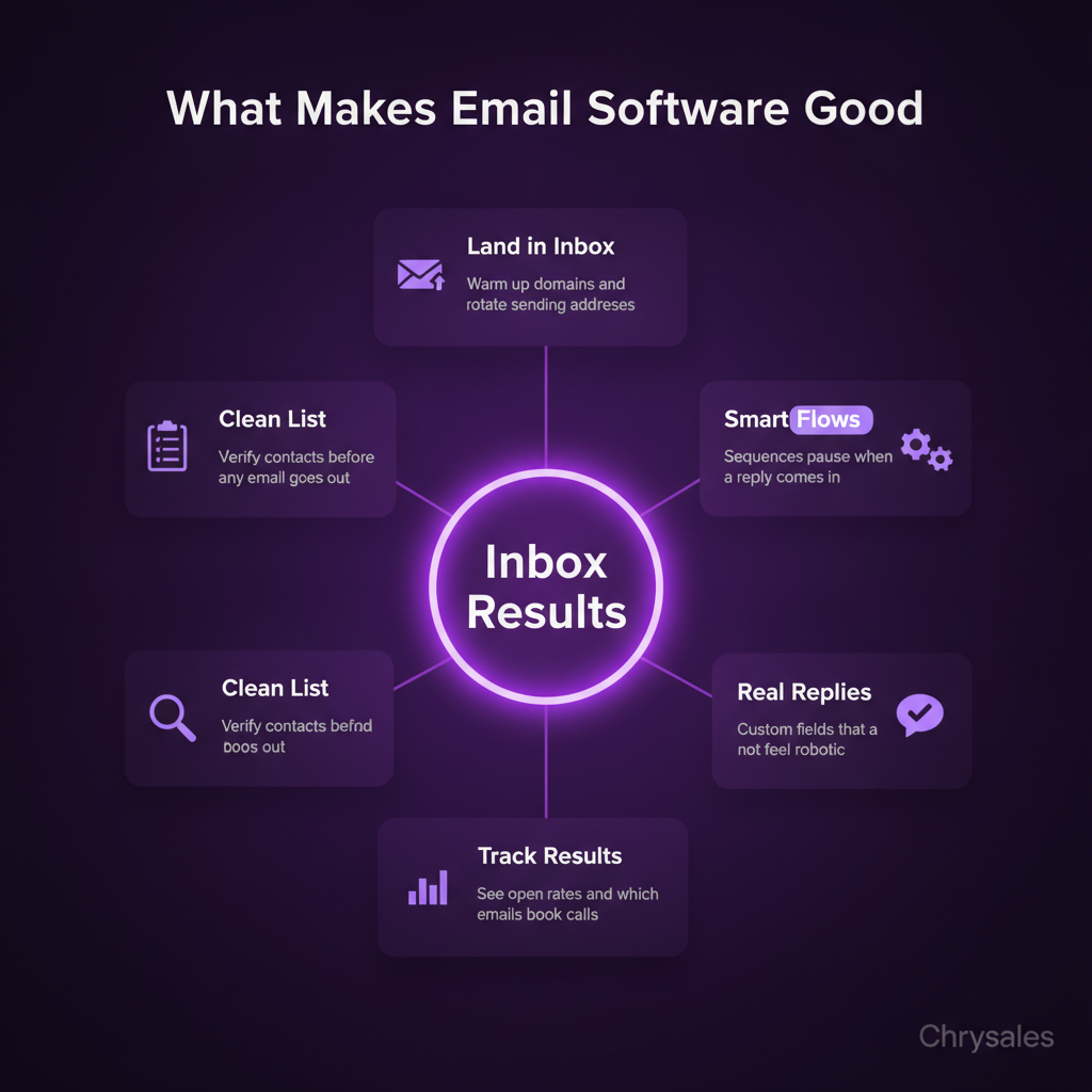 Hub and spoke infographic showing five pillars of effective email sequence software for B2B sales