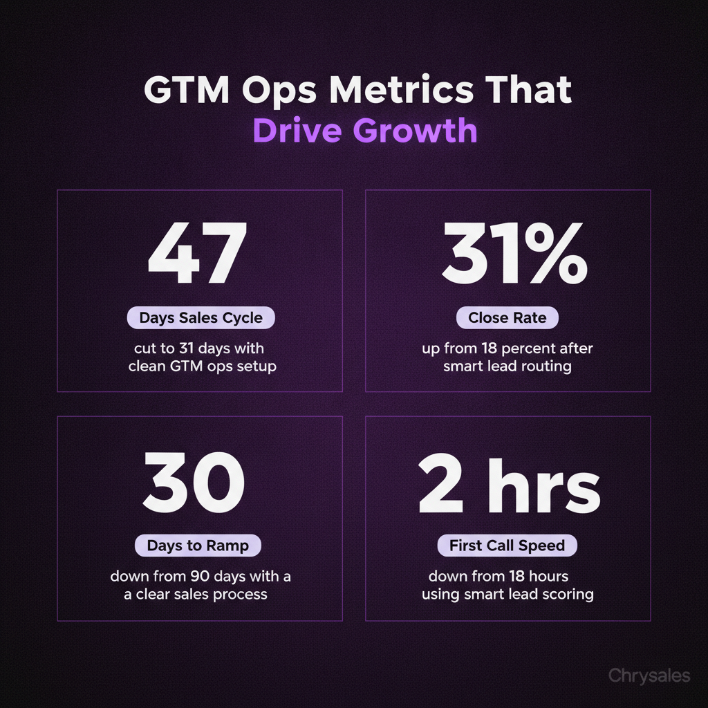 Four key GTM ops metrics showing sales cycle and close rate improvements for B2B