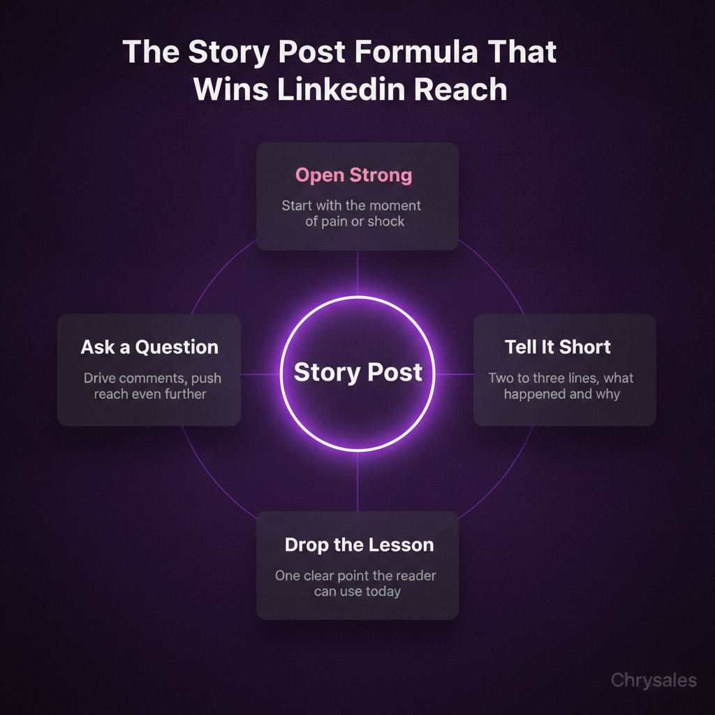 Hub and spoke diagram showing four part LinkedIn story post formula for B2B reach