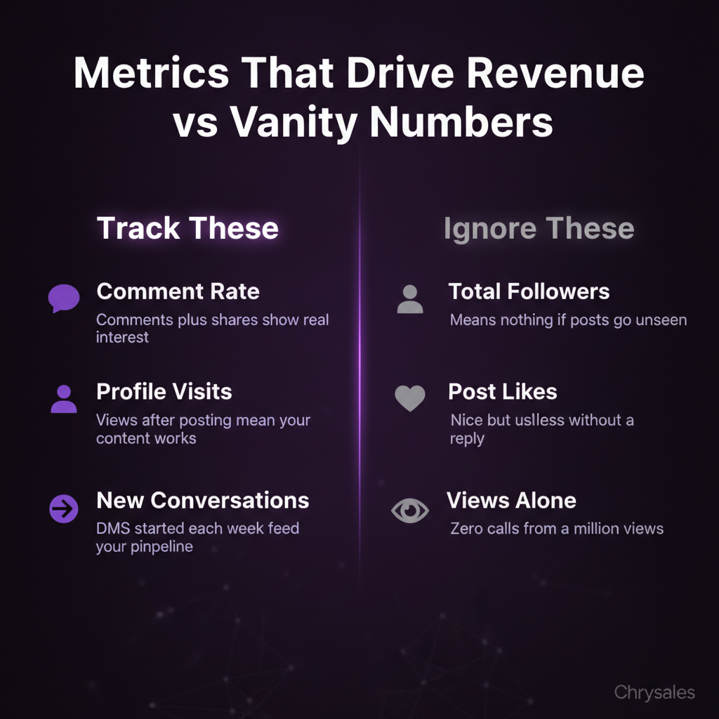 Side by side comparison of real LinkedIn revenue metrics versus vanity metrics to ignore