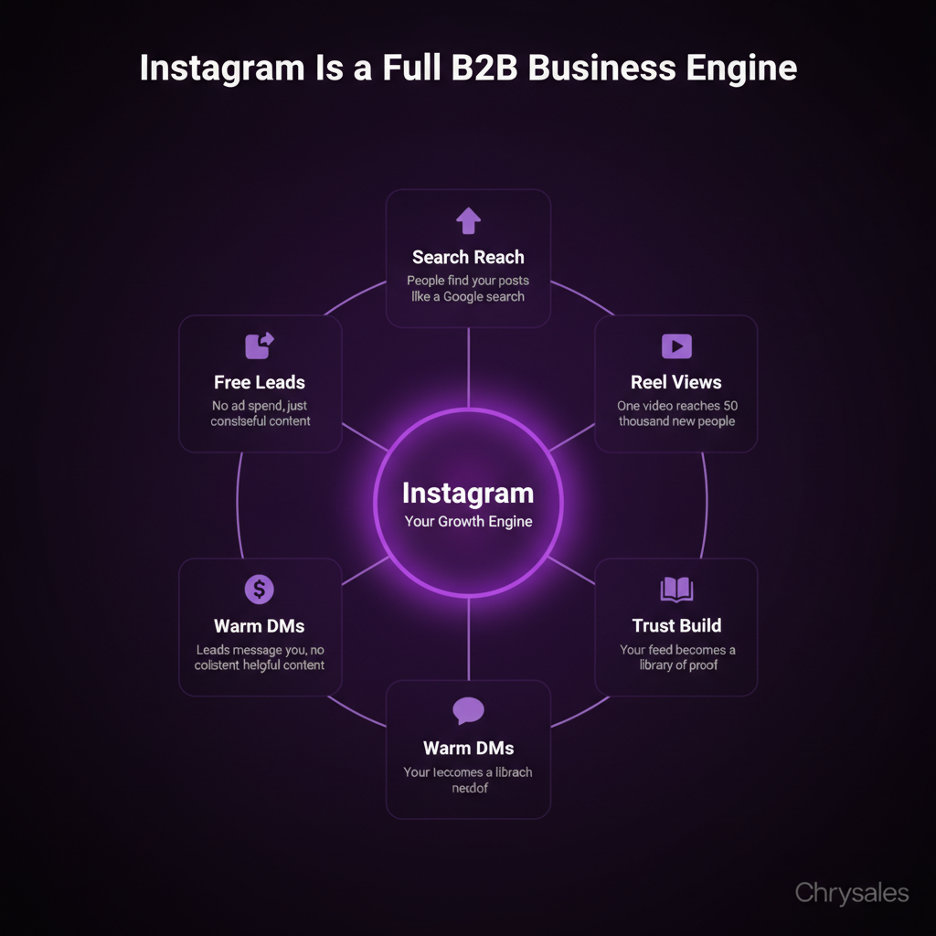 Hub and spoke diagram showing Instagram as B2B growth engine with five roles