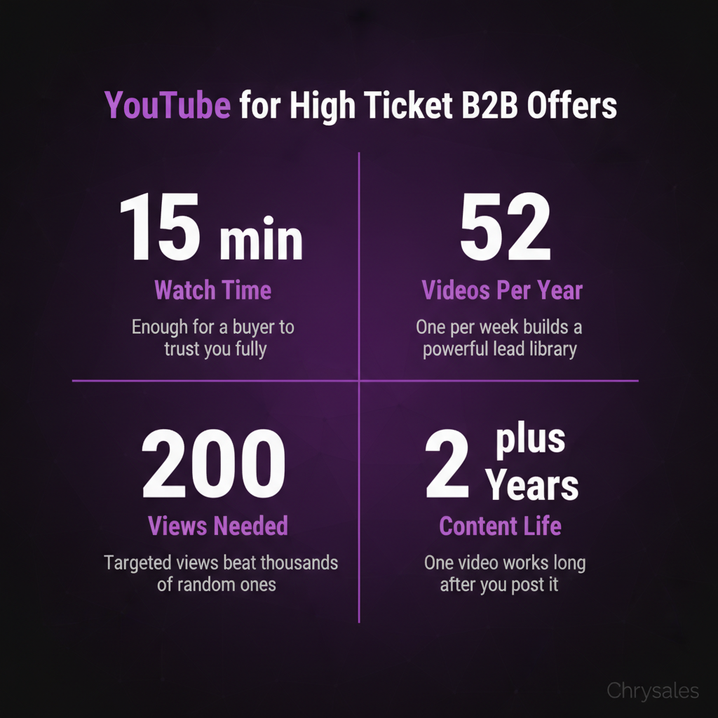 Four key stats showing YouTube reach and lead value for premium B2B high ticket offers
