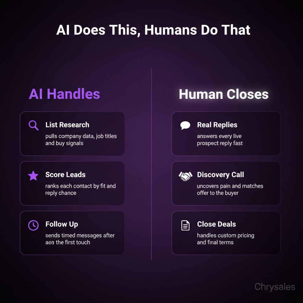 Comparison infographic showing what AI handles versus what human closers do in outbound sales