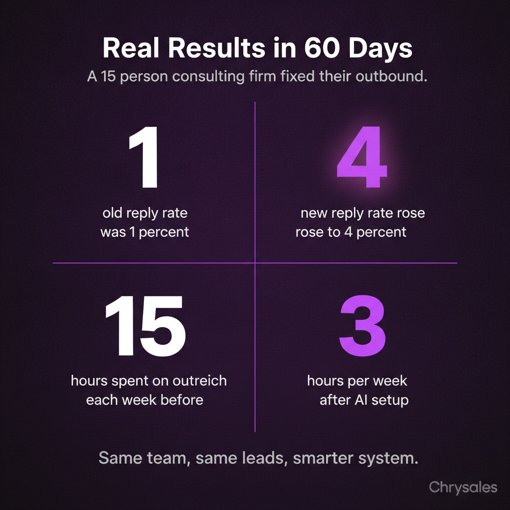 Stat grid showing a consulting firm improved reply rates and cut outreach time using AI