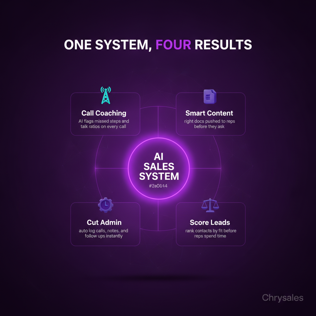 Hub and spoke diagram showing AI sales system connecting coaching content scoring and admin