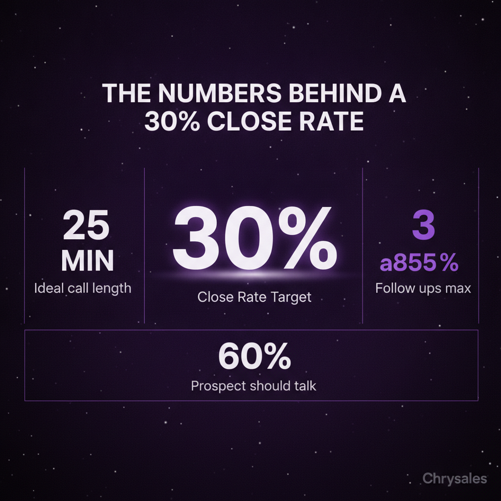Stat grid showing key discovery call numbers including 30 percent close rate target