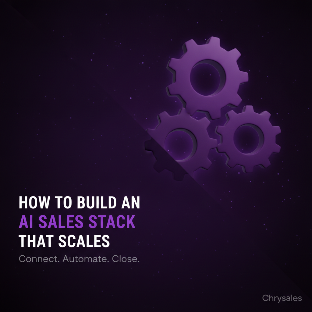 Interlocking 3D purple gears beside bold title about building a scalable AI sales stack