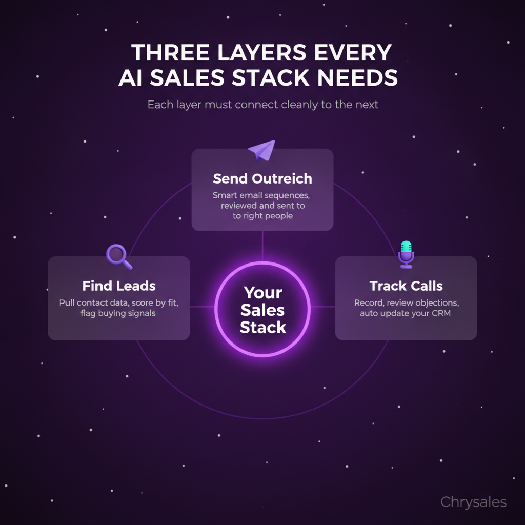 Hub and spoke diagram showing the three core layers of an AI sales stack