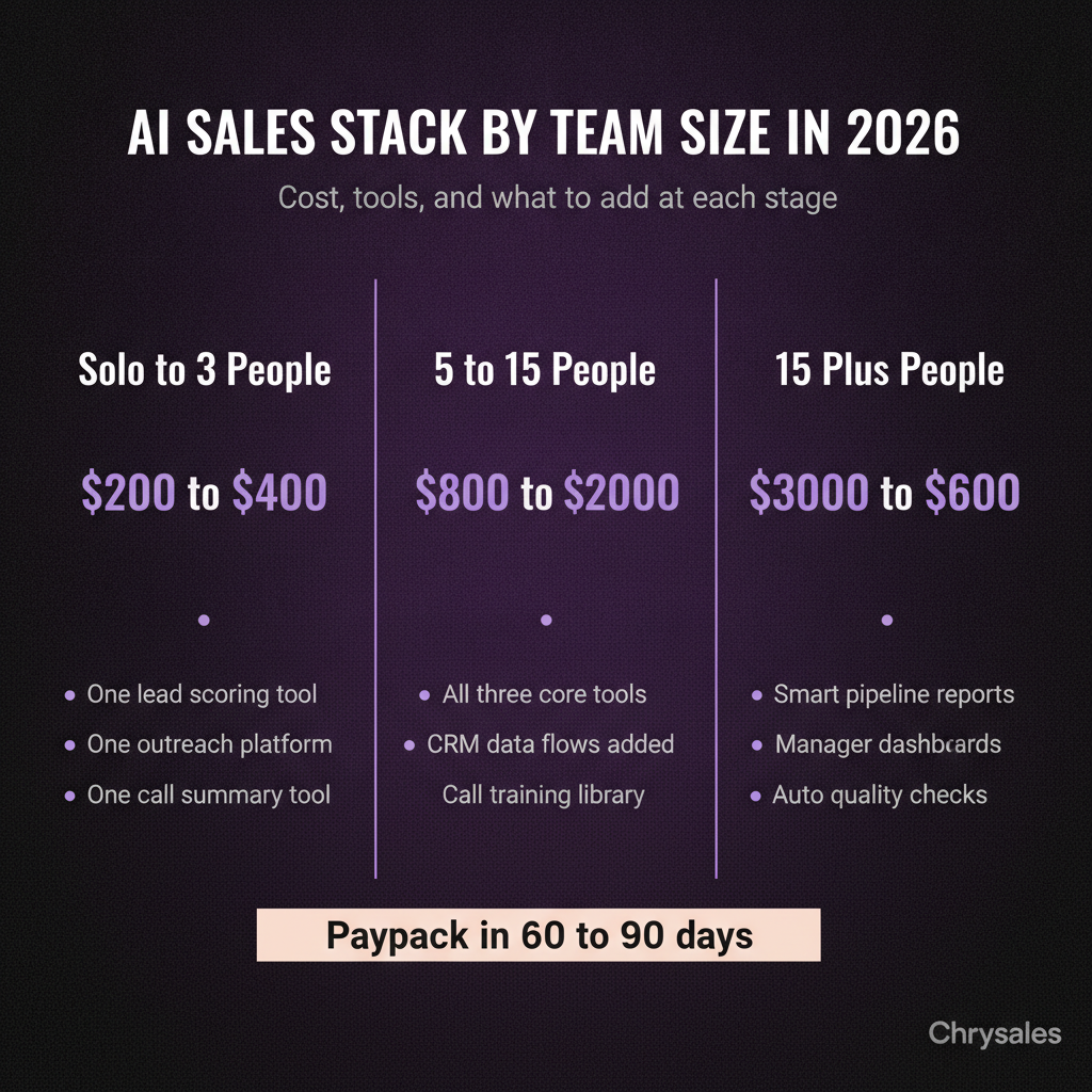 Three column comparison of AI sales stack costs and tools by team size in 2026