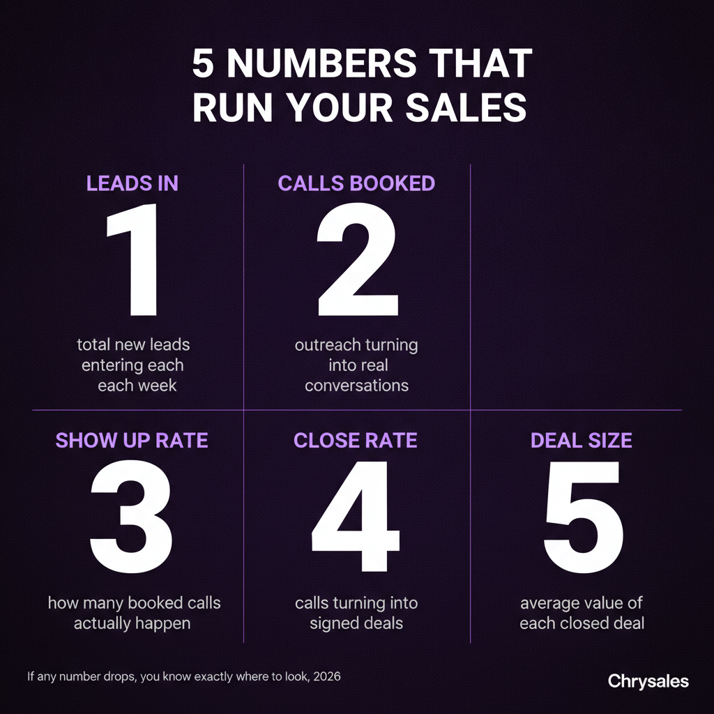 Five weekly sales metrics displayed in a clean numbered grid for B2B teams