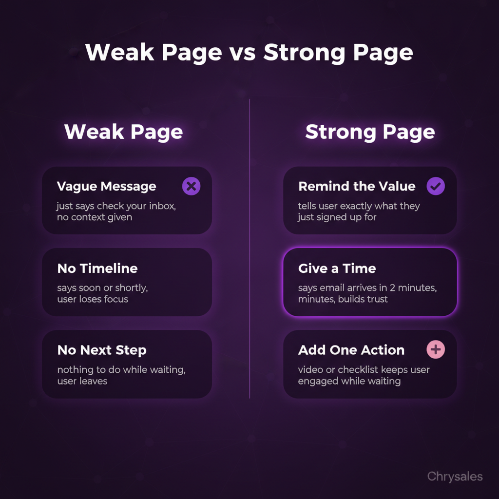Side by side comparison of weak and strong SaaS email confirmation page elements