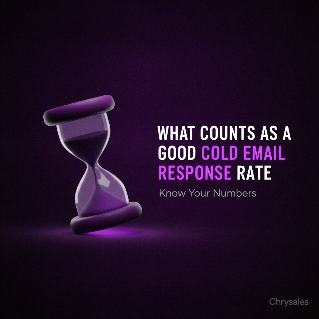 Cold email response rate benchmark guide featuring a glowing purple hourglass