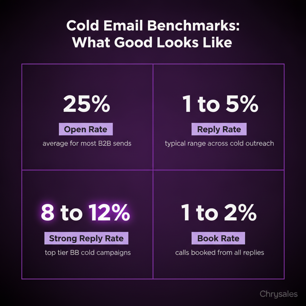 Cold email benchmark stat grid showing open rate reply rate and book rate numbers
