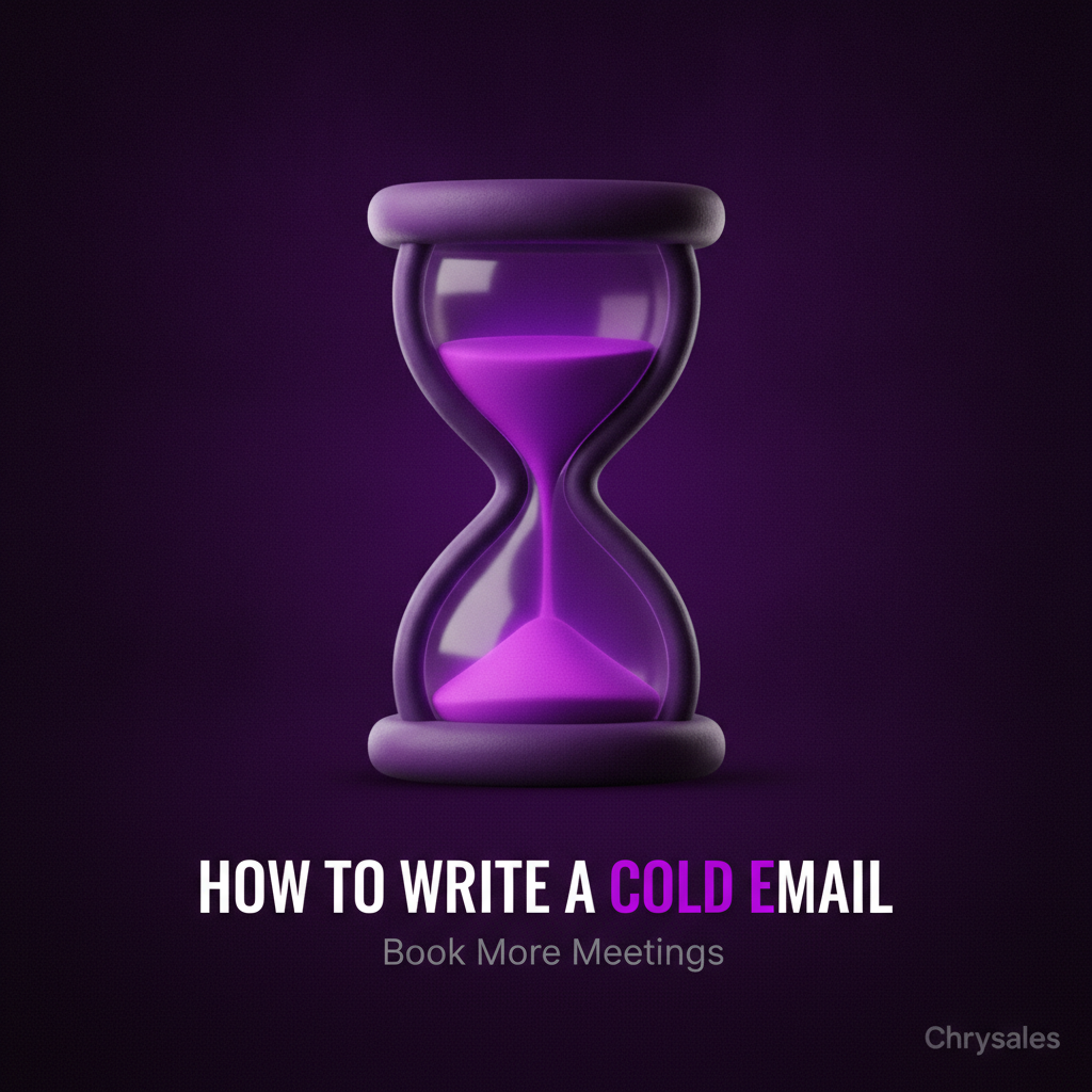 3D hourglass glowing violet beneath bold cold email headline on dark purple background