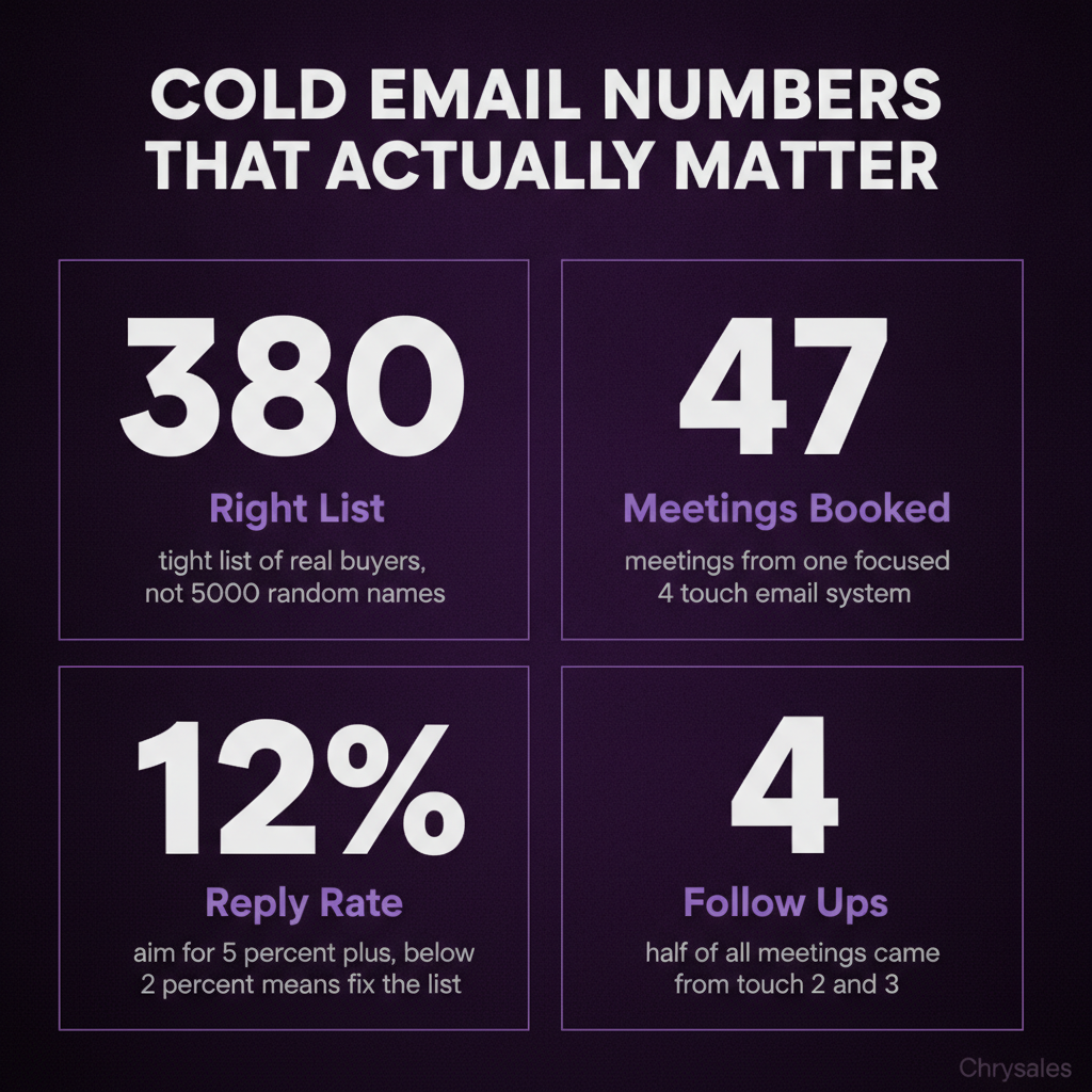 Stat grid infographic showing four cold email metrics including 47 meetings and 12 percent reply rate