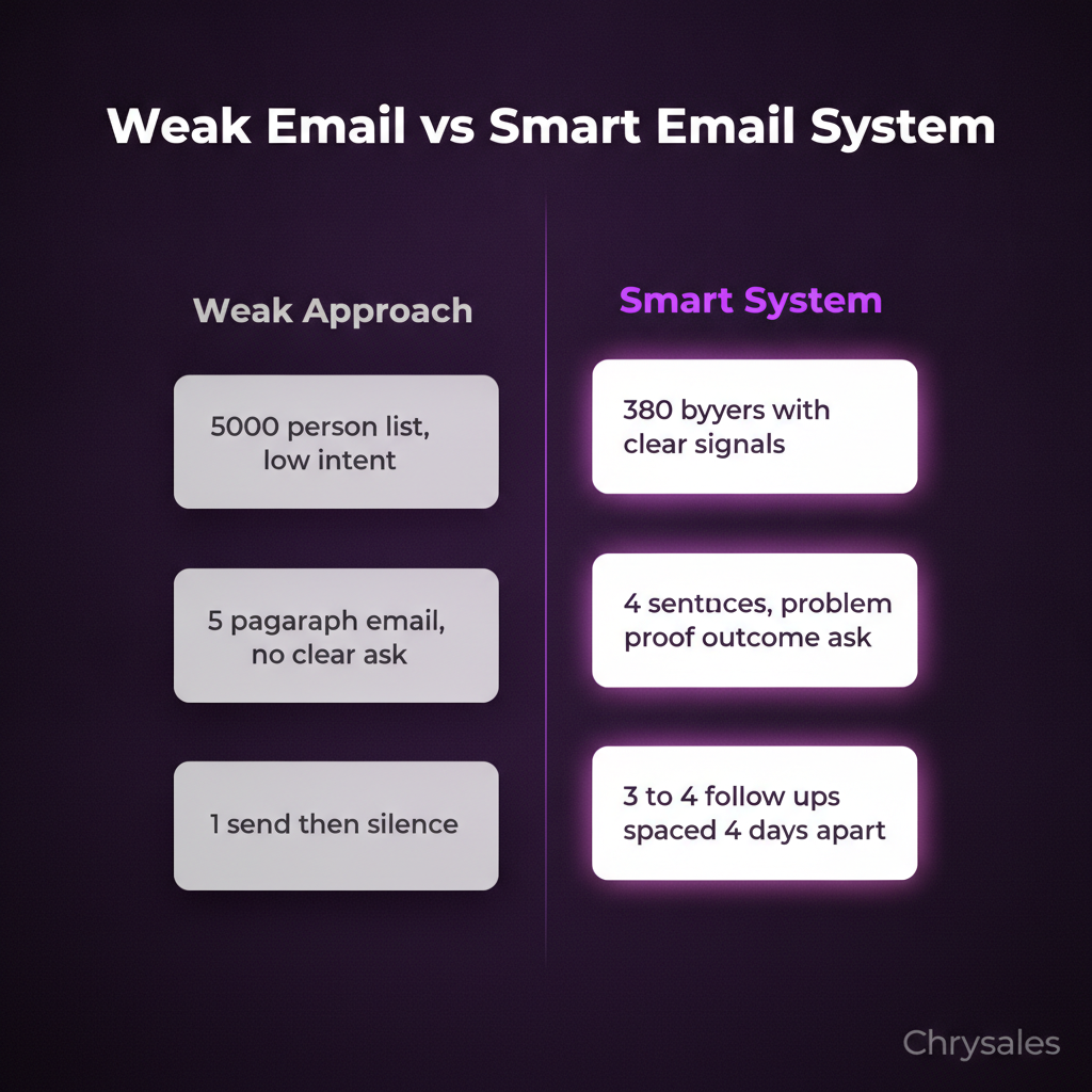 Side by side comparison infographic contrasting weak cold email approach versus smart email system