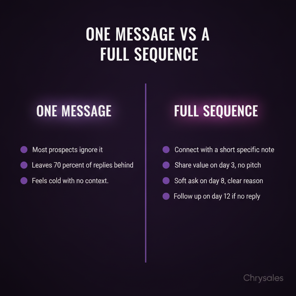 Side by side comparison of single LinkedIn message versus a full multi step outreach sequence