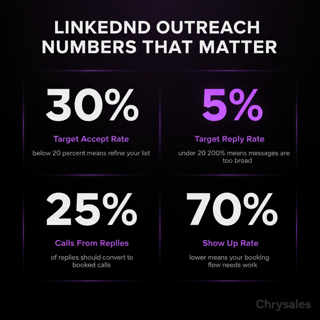 Stat grid showing four key LinkedIn outreach metrics including reply rate and show up rate