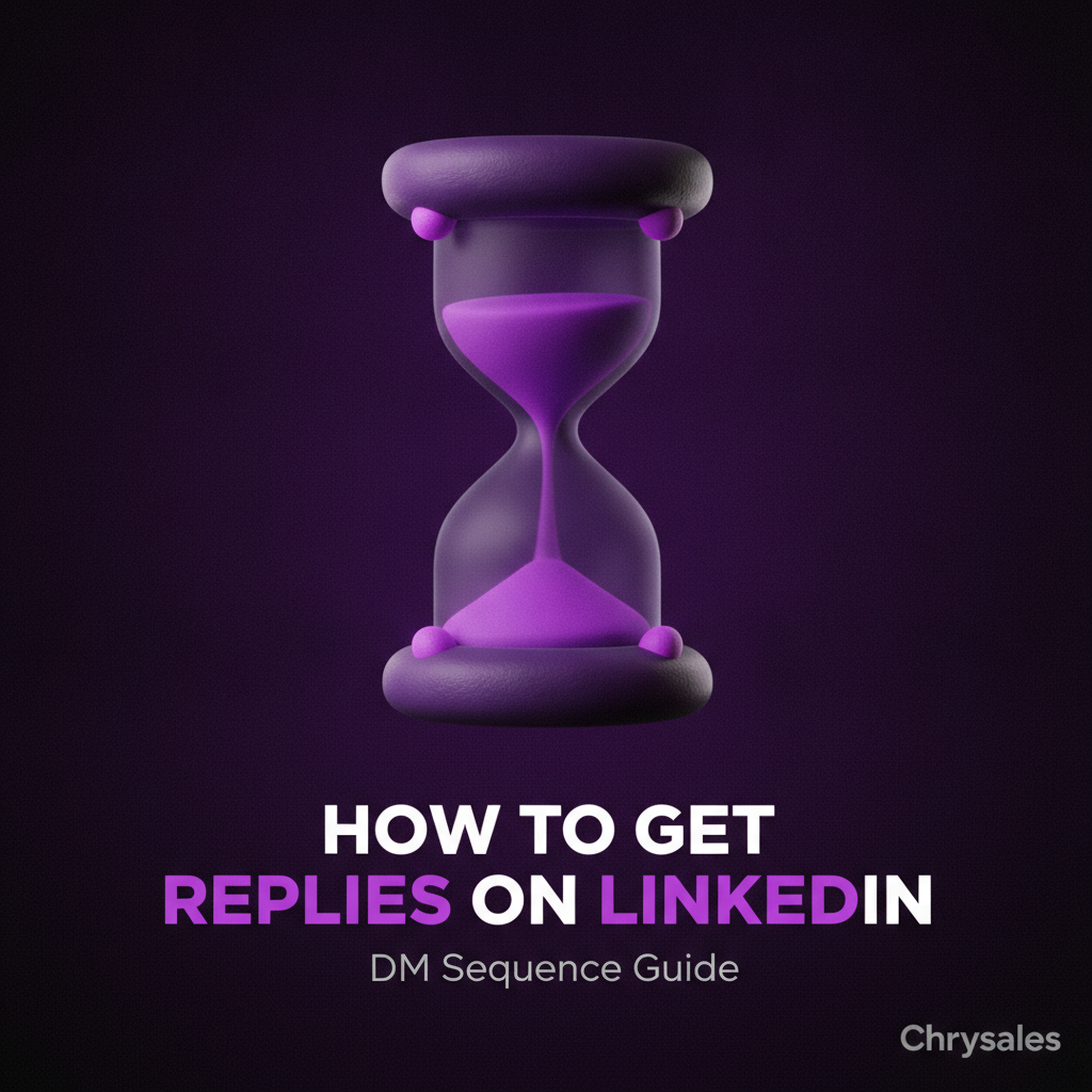 3D hourglass with bold headline about getting replies on LinkedIn with a DM sequence