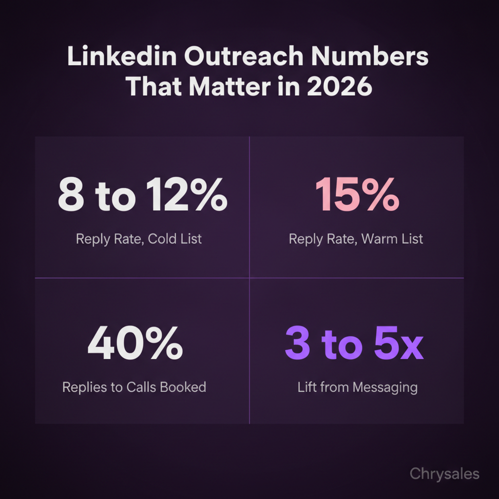 Stat grid infographic showing four key LinkedIn outreach reply rate metrics for 2026