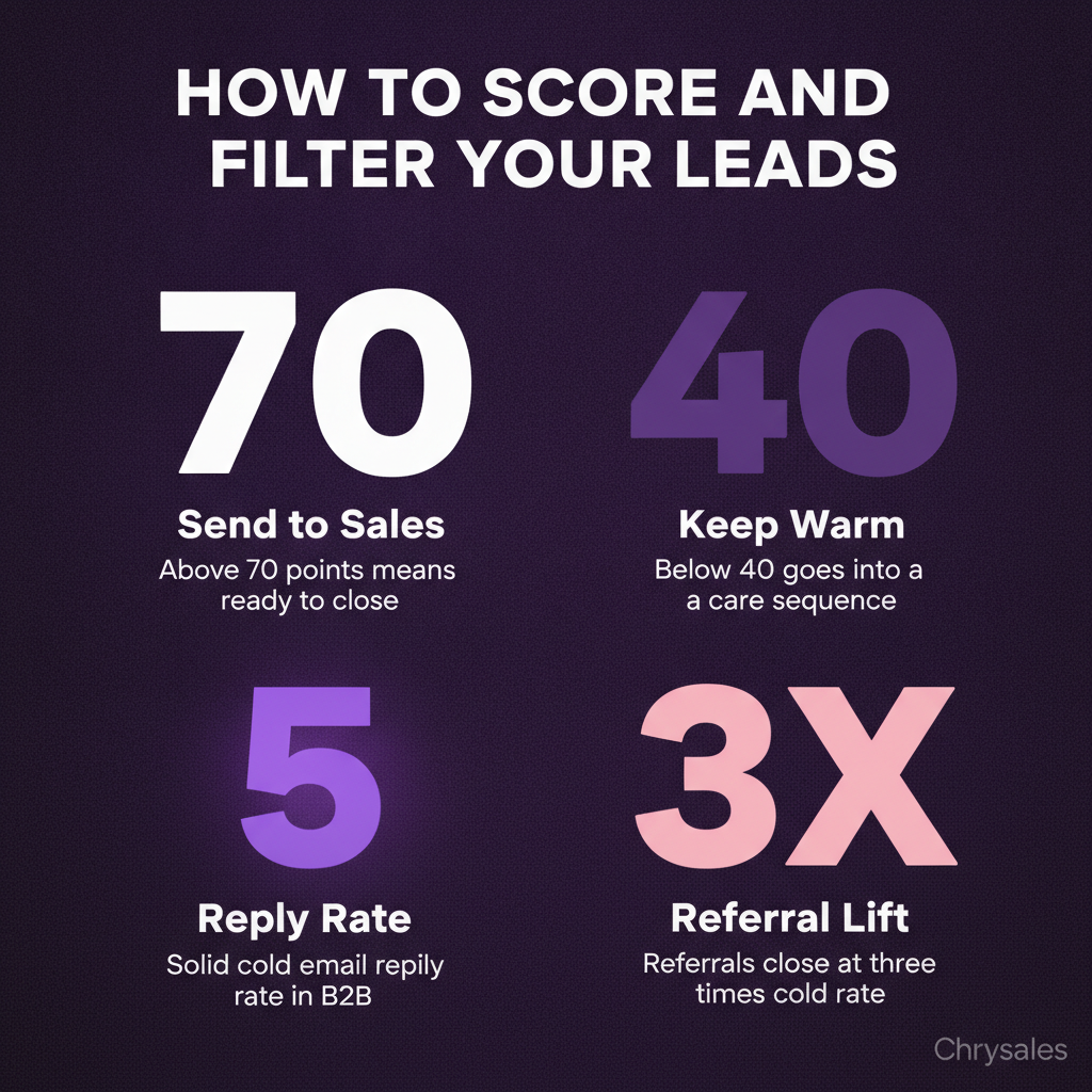 Lead scoring stat grid showing key numbers for B2B lead qualification and reply rates