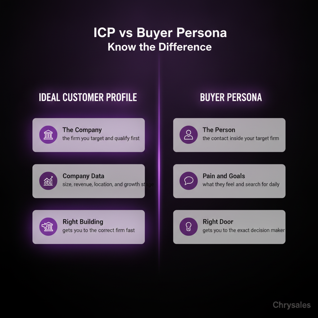 Side by side comparison infographic showing ICP versus buyer persona differences in B2B sales