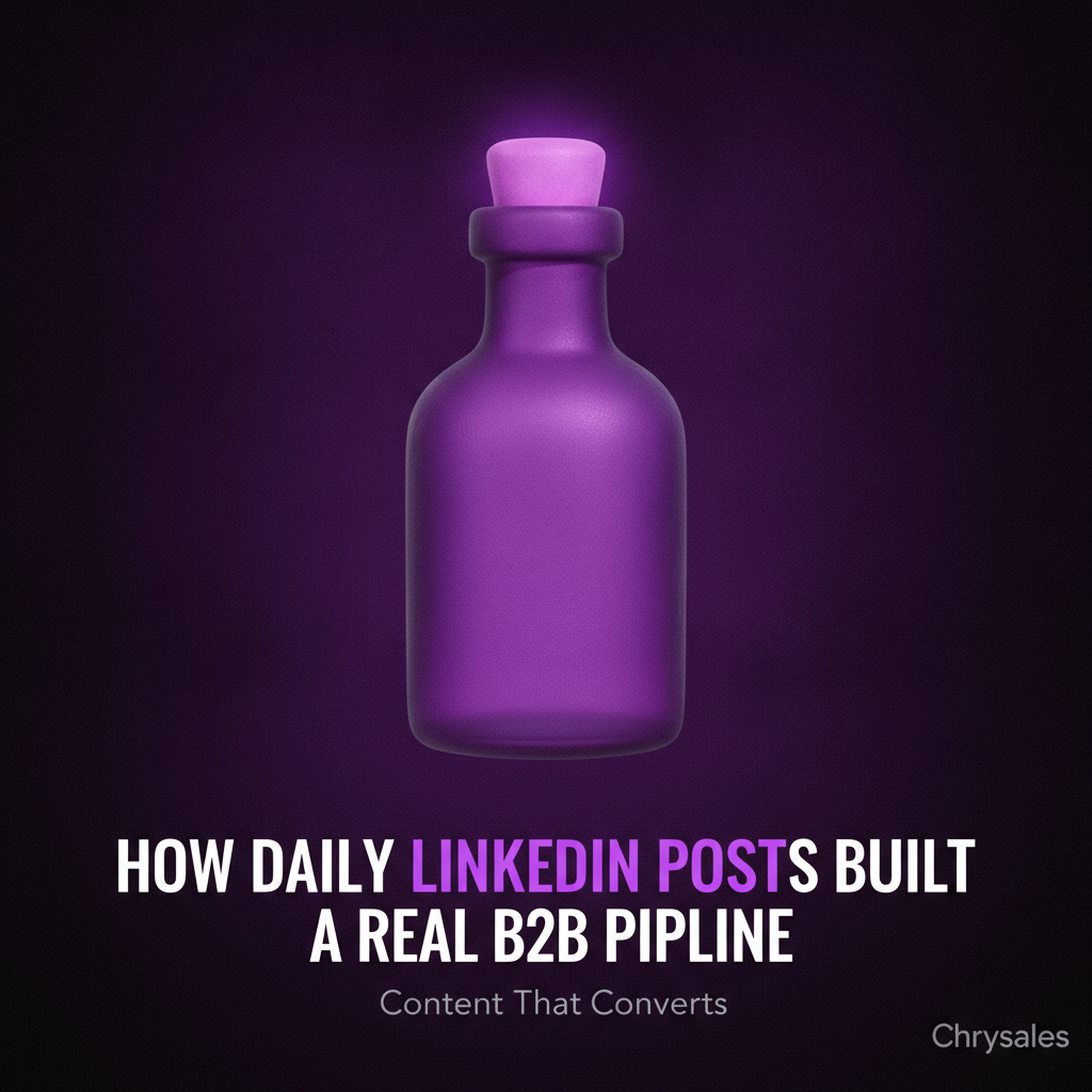 3D glass bottle glowing violet with LinkedIn B2B pipeline title beneath