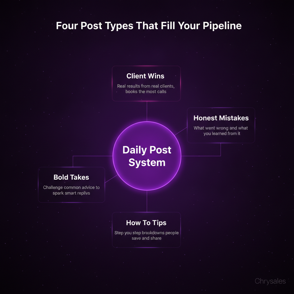 Hub spoke diagram showing four LinkedIn post types that build a B2B pipeline
