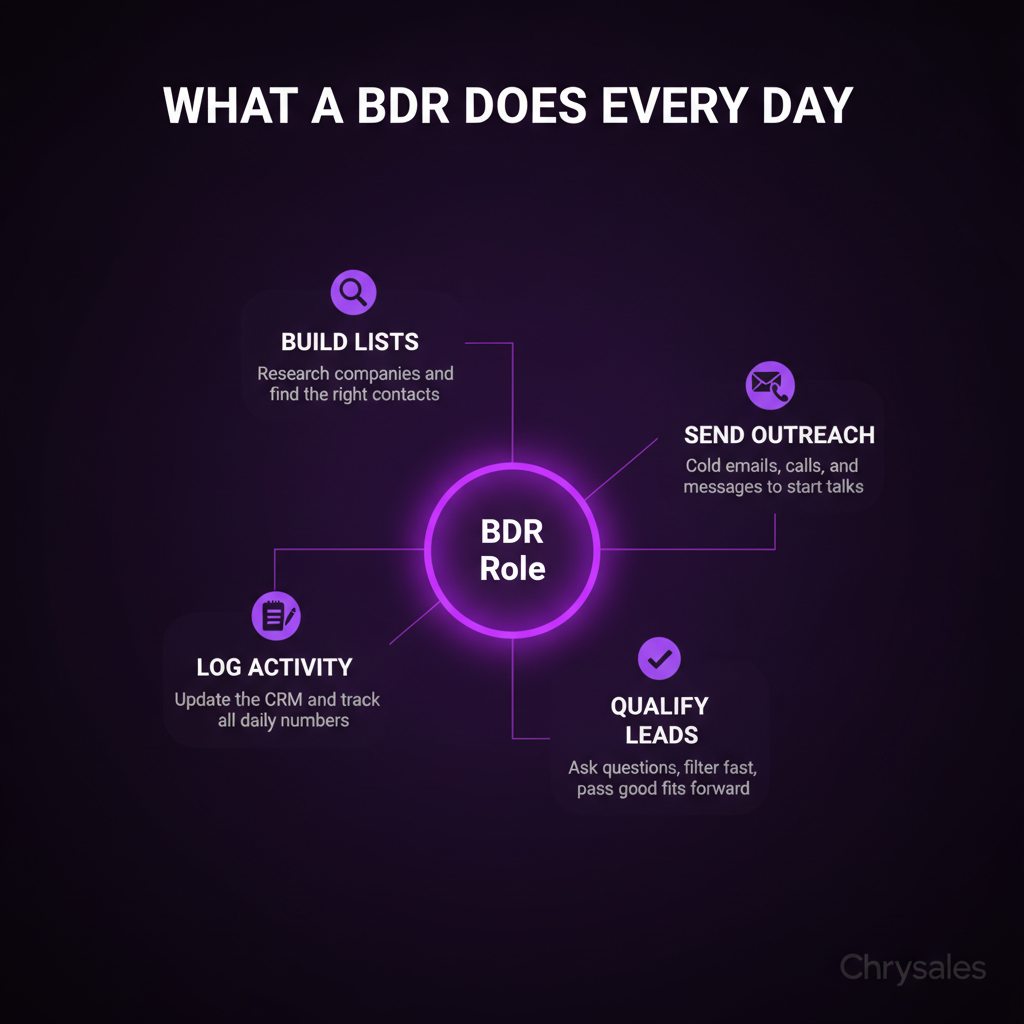 Hub and spoke diagram showing the four core daily tasks of a BDR