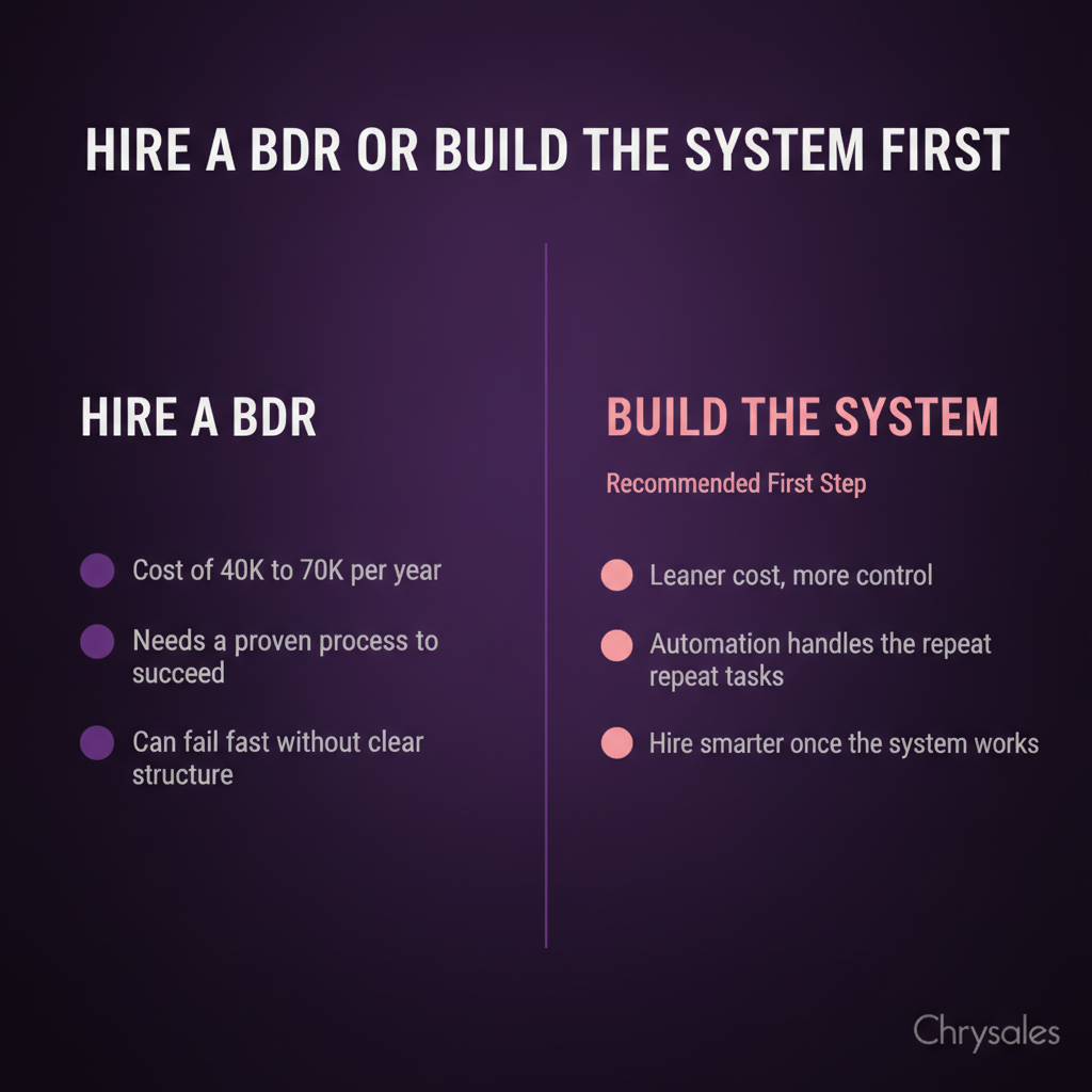Side by side comparison of hiring a BDR versus building a sales system first