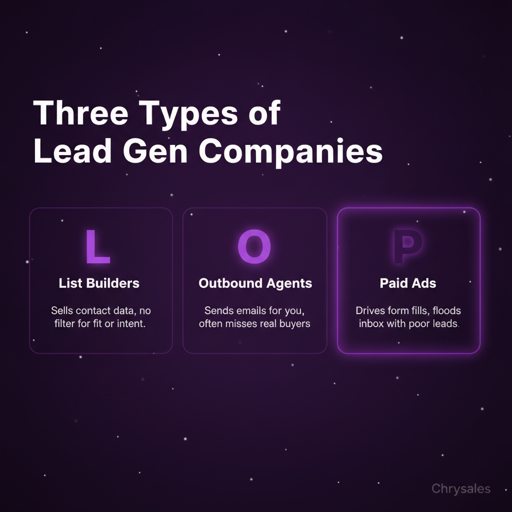 Three types of lead generation companies compared in vertical columns for B2B