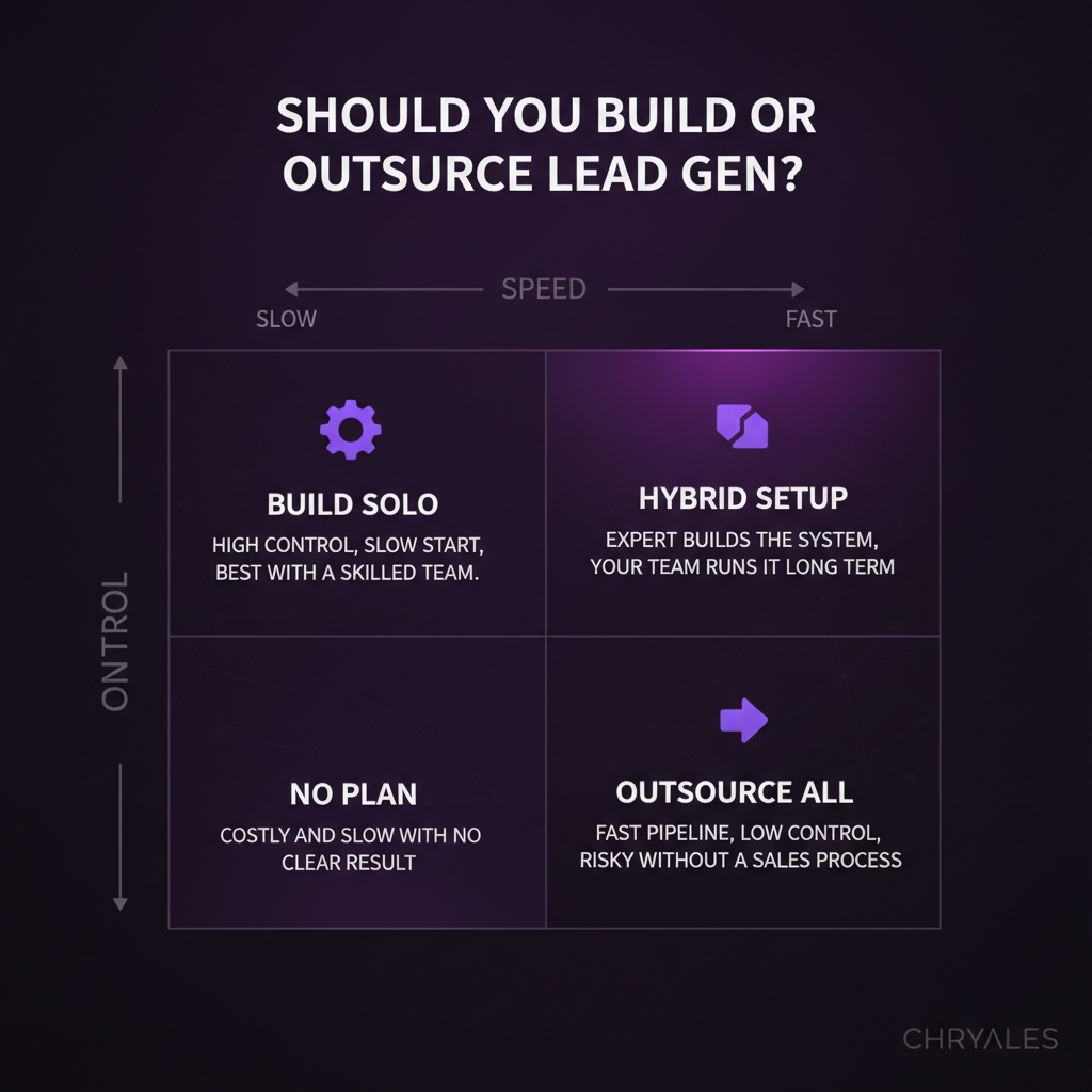 Matrix comparing build versus outsource versus hybrid lead generation approaches for B2B