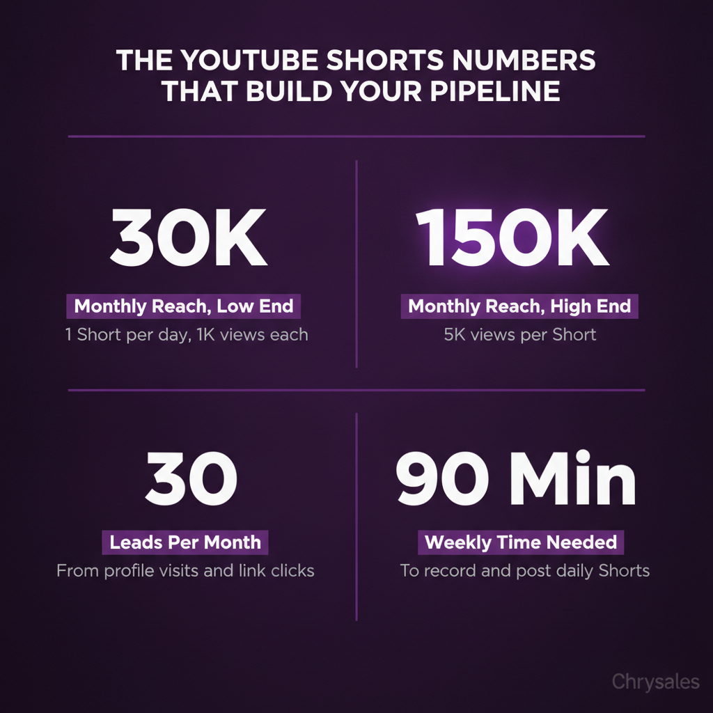 Stat grid showing YouTube Shorts monthly reach and lead generation numbers for B2B