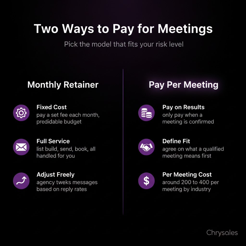 Comparison infographic of monthly retainer versus pay per meeting pricing models