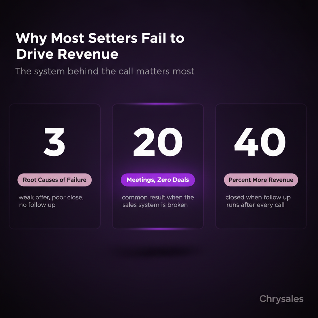 Stat grid infographic showing three key numbers explaining why appointment setters fail