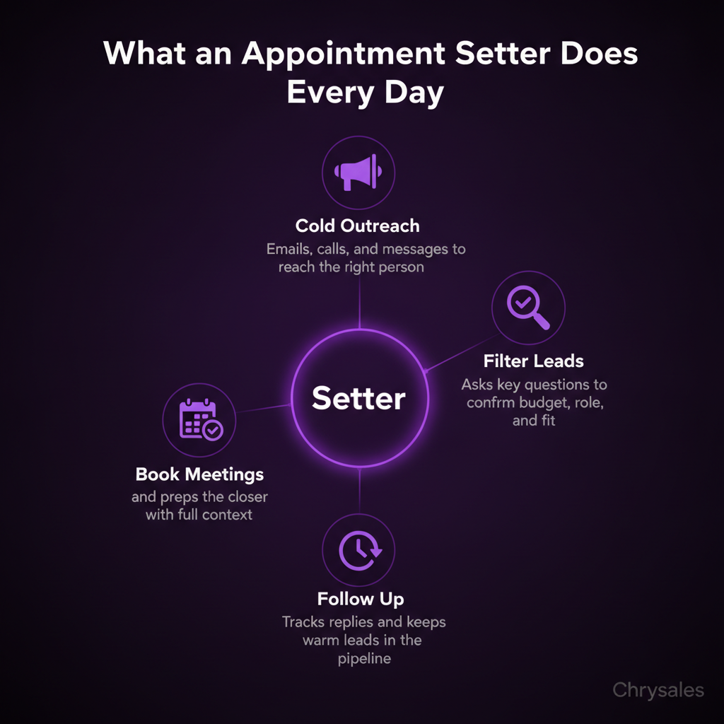 Hub and spoke chart showing the four core daily tasks of a B2B appointment setter