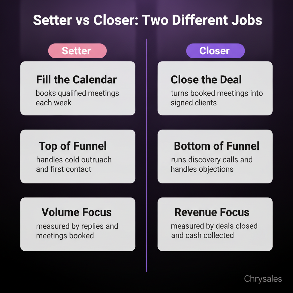 Side by side comparison of appointment setter and closer roles in B2B sales